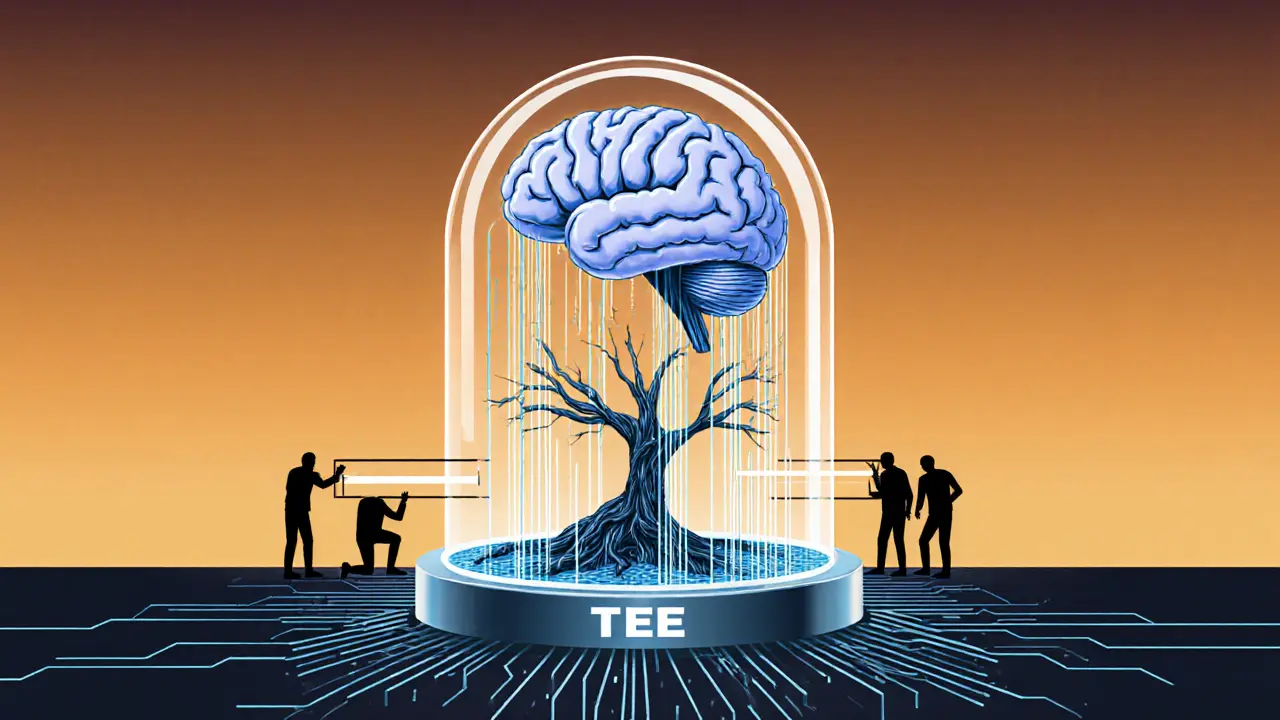 An AI brain inside an encrypted chamber connected to a blockchain tree, protected by a glowing barrier.