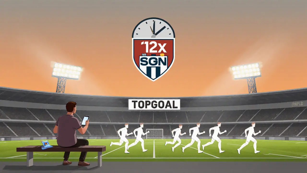 An empty AI football stadium at dusk with a lone fan and a fading TOPGOAL banner.