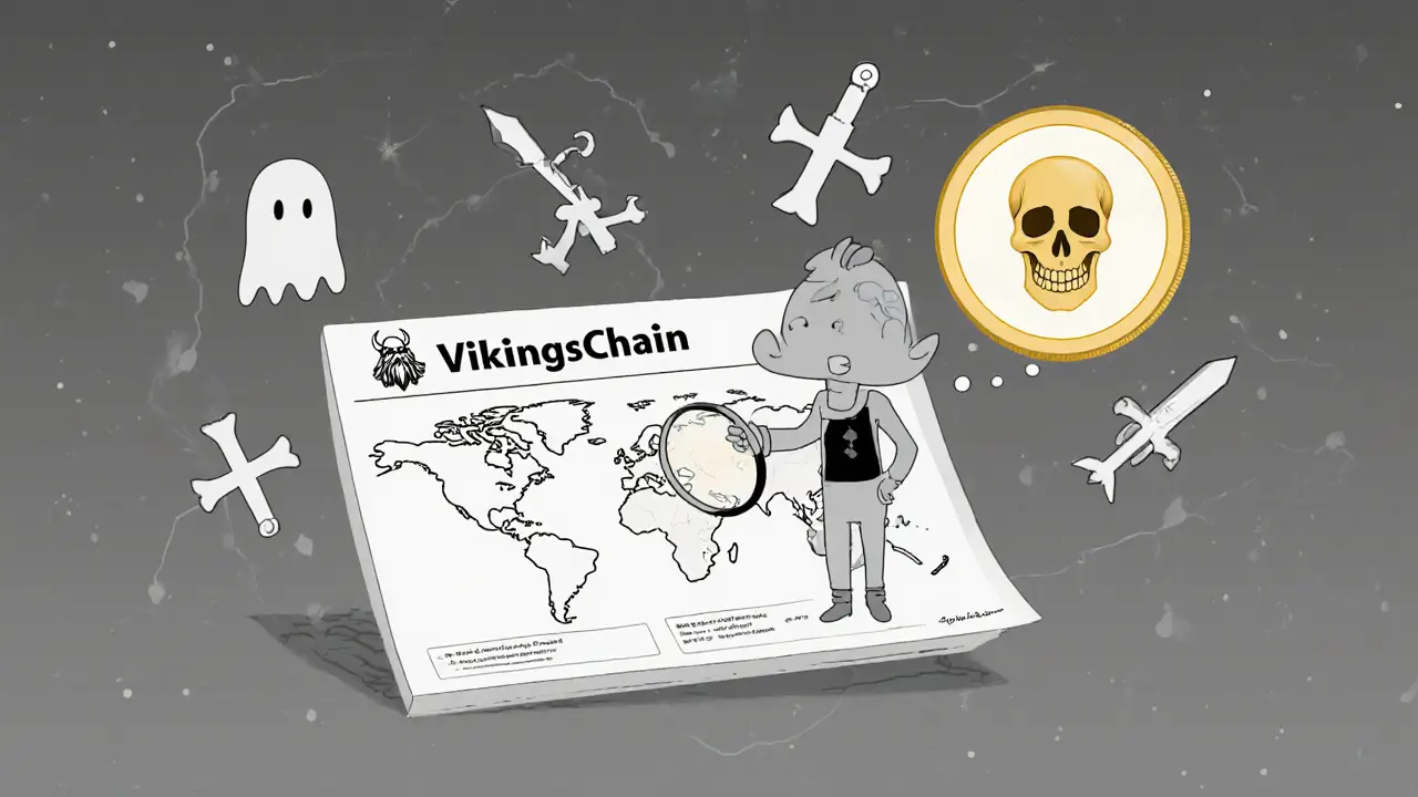 An explorer examining a blank blockchain map with zero-volume charts and a fake Telegram link.