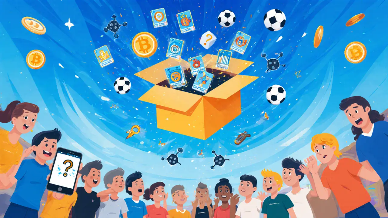An open NFT mystery box releasing digital football items and blockchain symbols in a vibrant flat style.