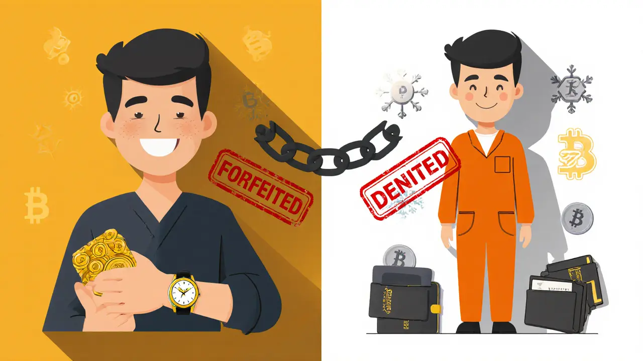 Before and after of a person&#039;s life: prosperous crypto user vs. convicted criminal with seized assets and banned travel.