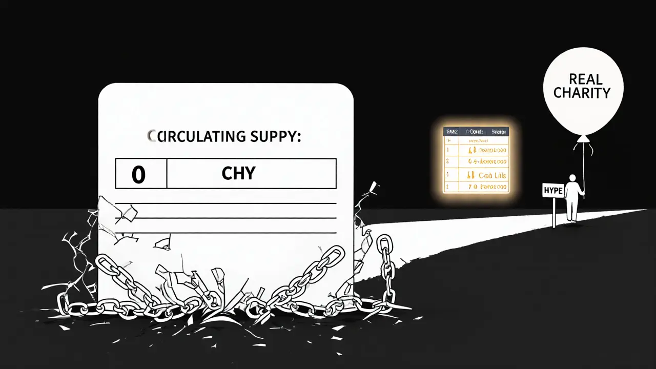 Blockchain ledger showing zero circulating CHY, with broken hype symbols and a distant real charity path.