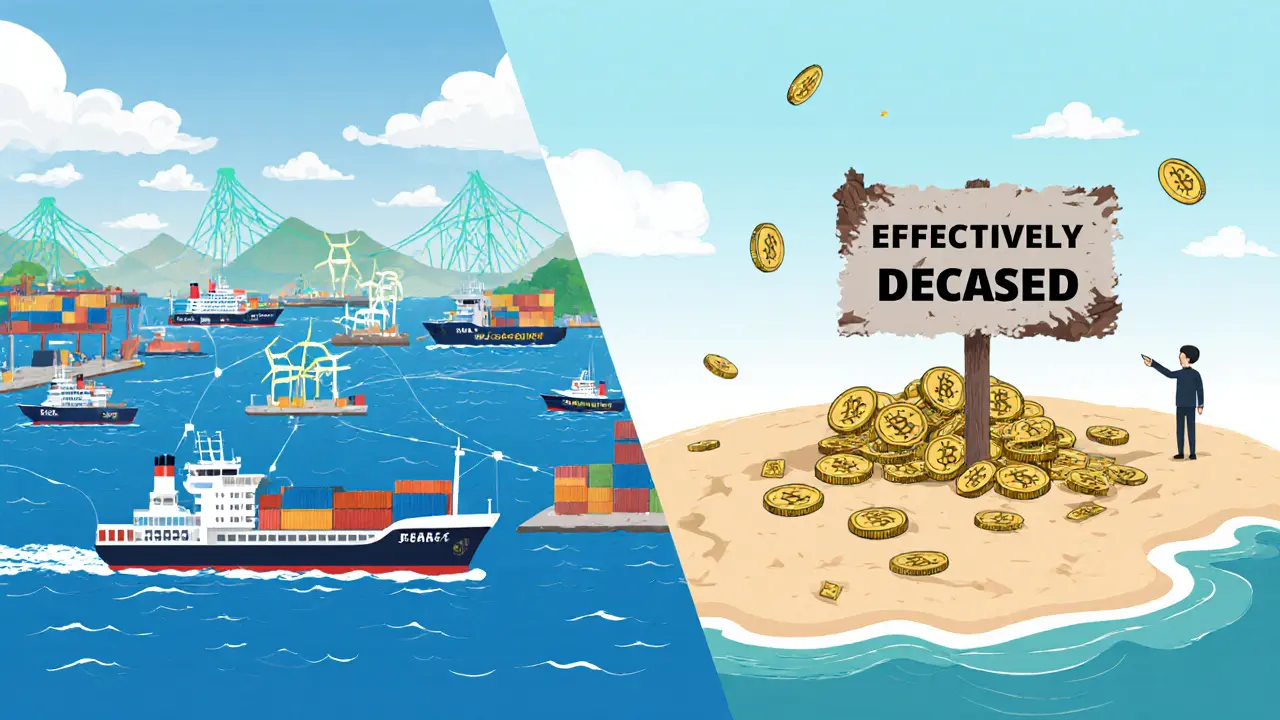 Contrasting vibrant functional maritime blockchain with a barren SEAT graveyard.