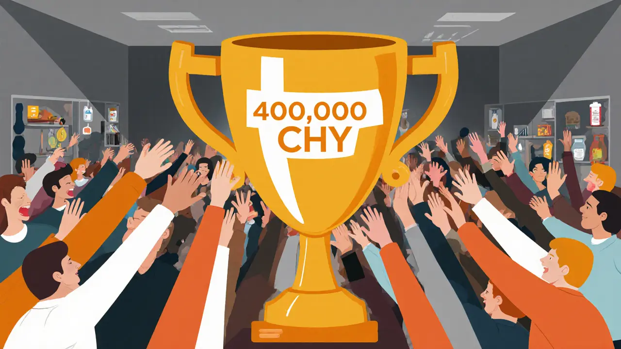 Crowd reaching for a hollow trophy labeled CHY while basic needs remain unmet behind them.