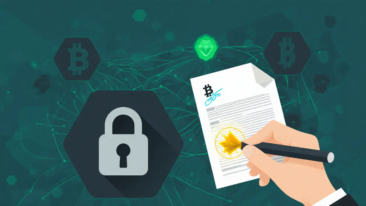 Hand signing a Bitcoin transaction with private and public keys verified by network nodes.