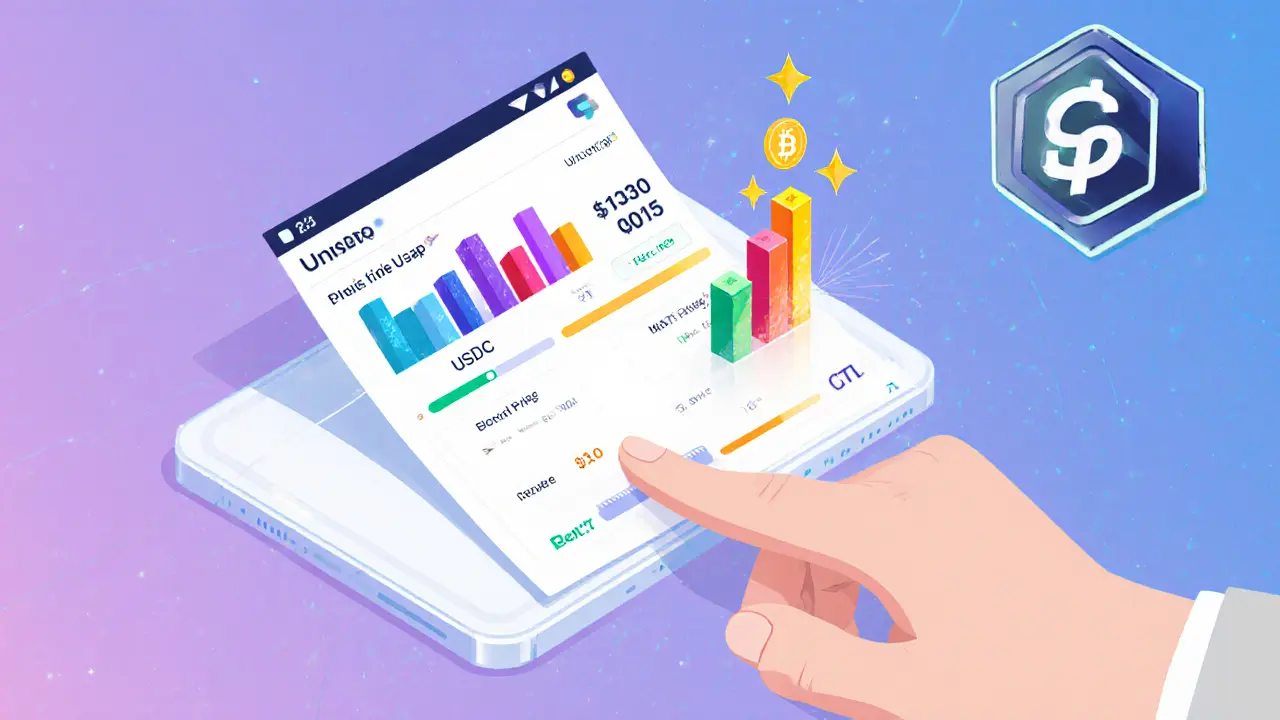 Mobile wallet interface showing concentrated liquidity pools between USDC and USDT with fee earnings as glowing stars.