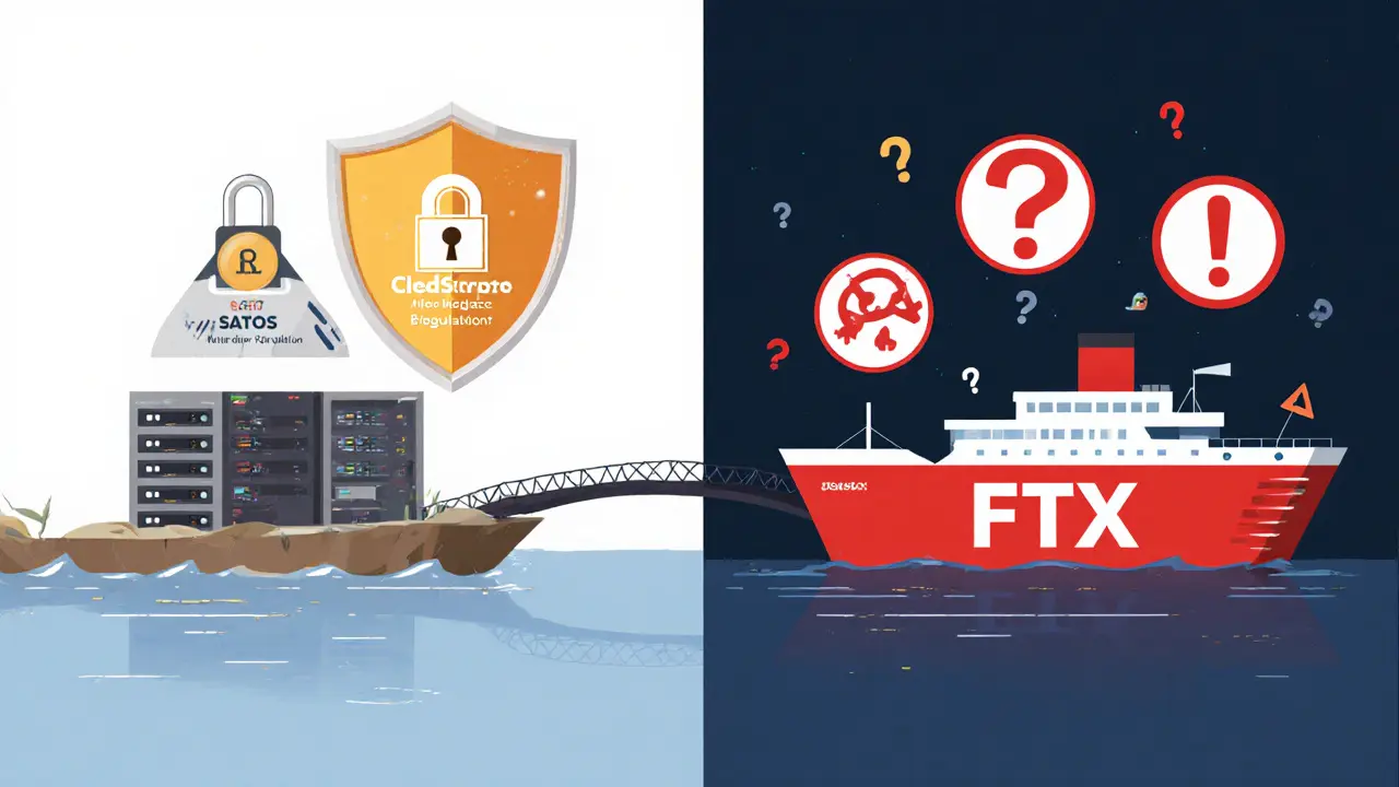 Safe SATOS exchange with shield and cold storage vs. risky unregulated exchange with warning signs.