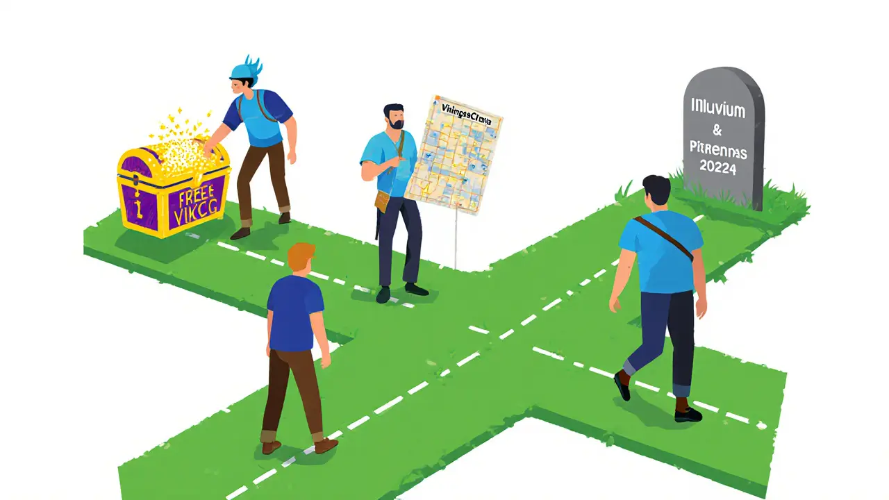 Three adventurers at a crossroads choosing between a hollow treasure chest and real crypto projects.