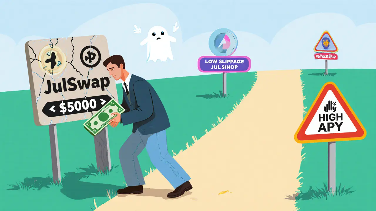 Trader cautiously approaching broken JulSwap sign while better DEXs shine ahead