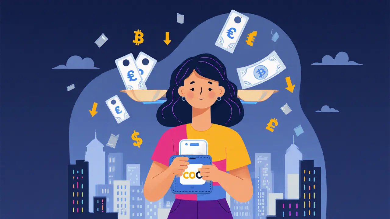 Woman in Argentina holding cUSD on her phone, stablecoins balancing against fading inflation icons.