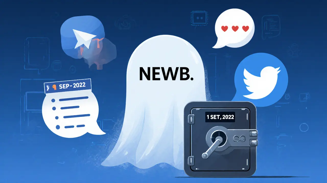 A fading NEWB token surrounded by silent social media bubbles.