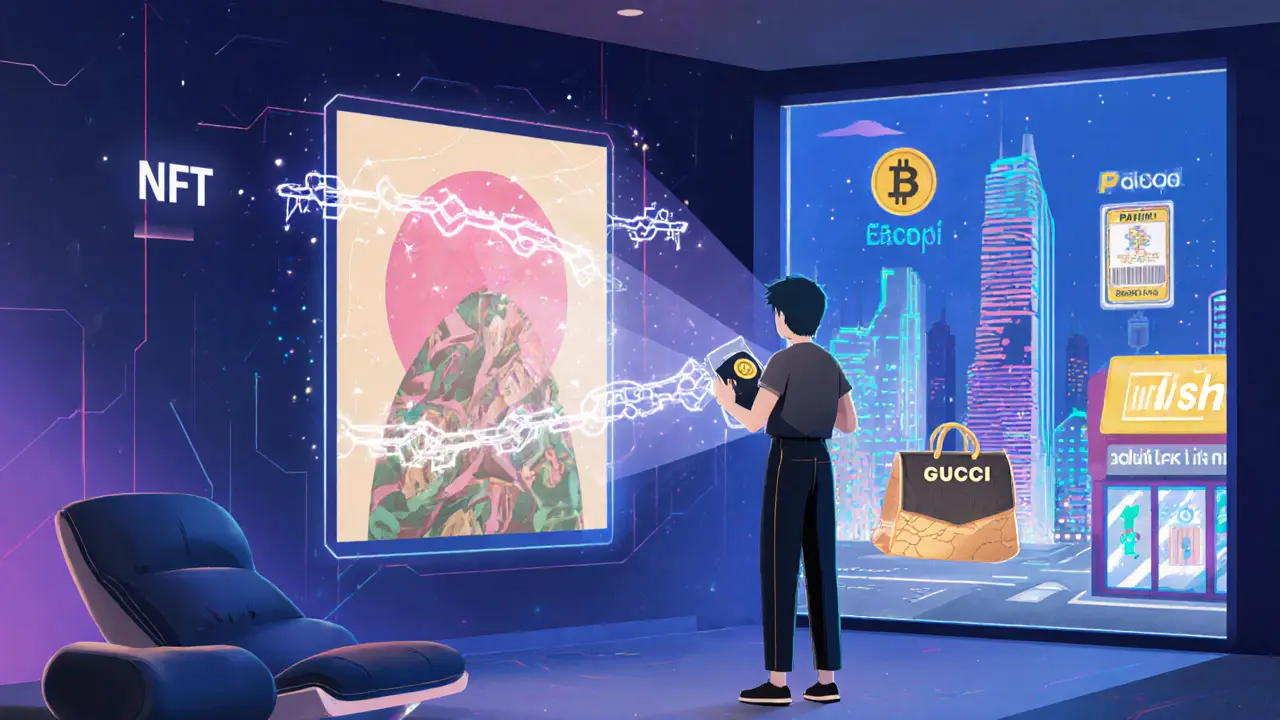 A person in a modern home admiring an NFT on screen, with a crypto wallet projecting blockchain data around the artwork.