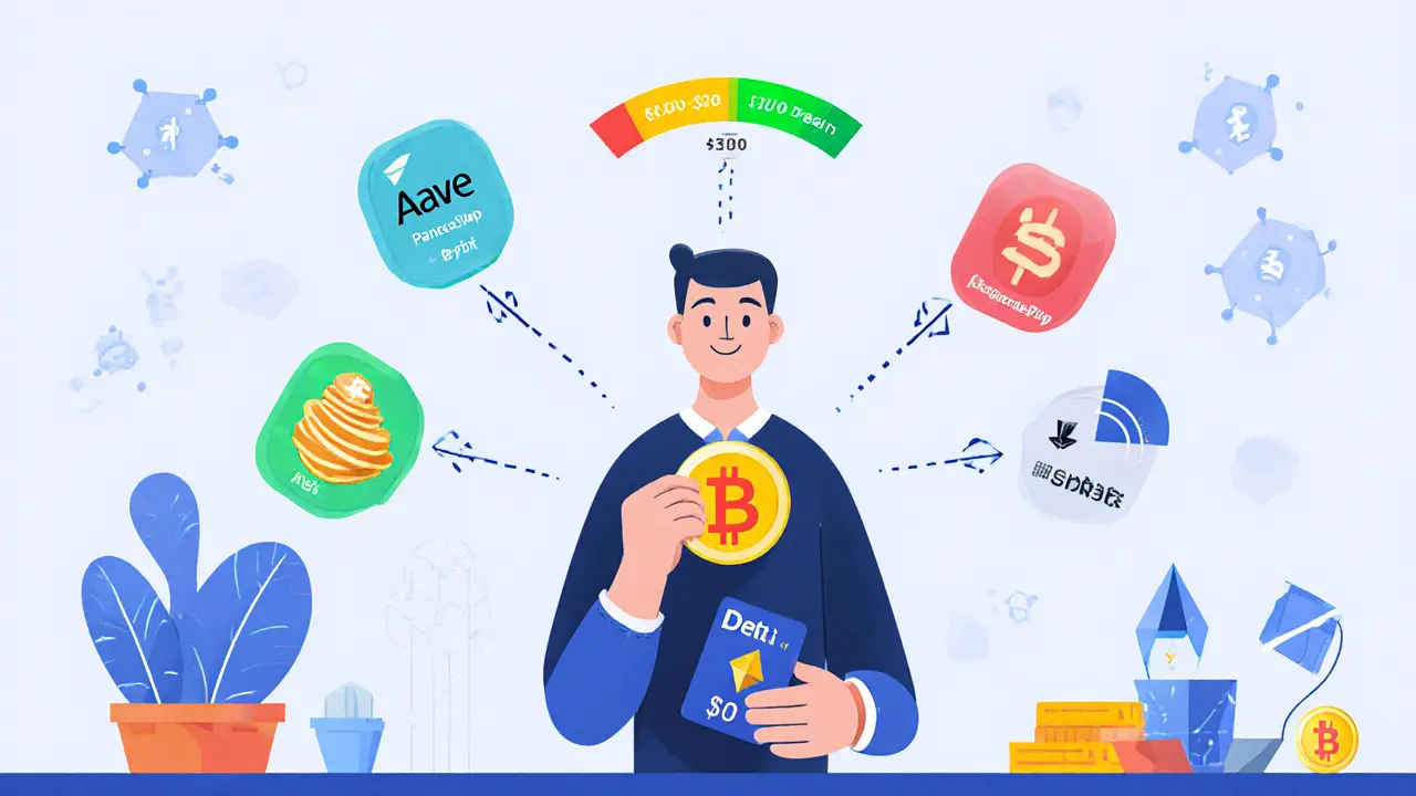 A person using a METH token to interact with DeFi apps, with low gas fees shown beside high fees.