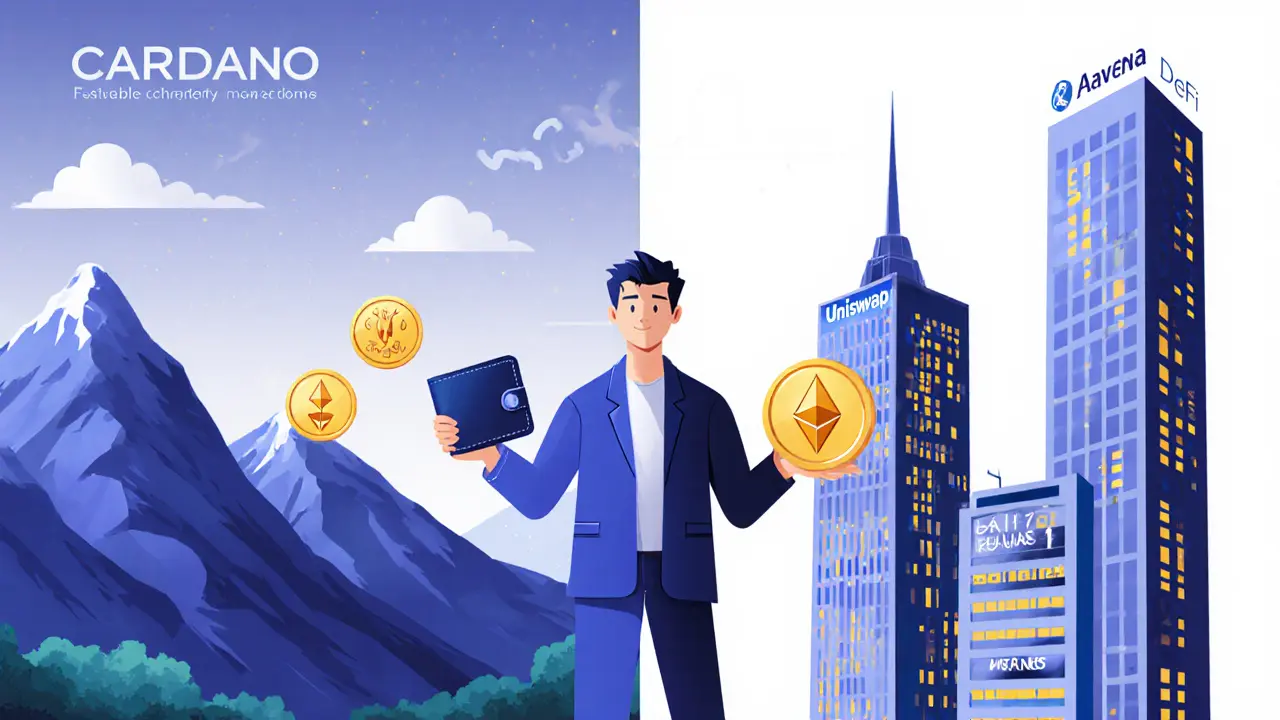 A trader between Cardano’s nature-based blockchain and Ethereum’s DeFi city skyline.