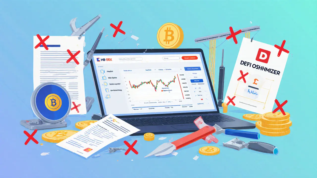 Basic HB DEX interface on laptop surrounded by discarded DeFi tools marked with X&#039;s, symbolizing missing features.