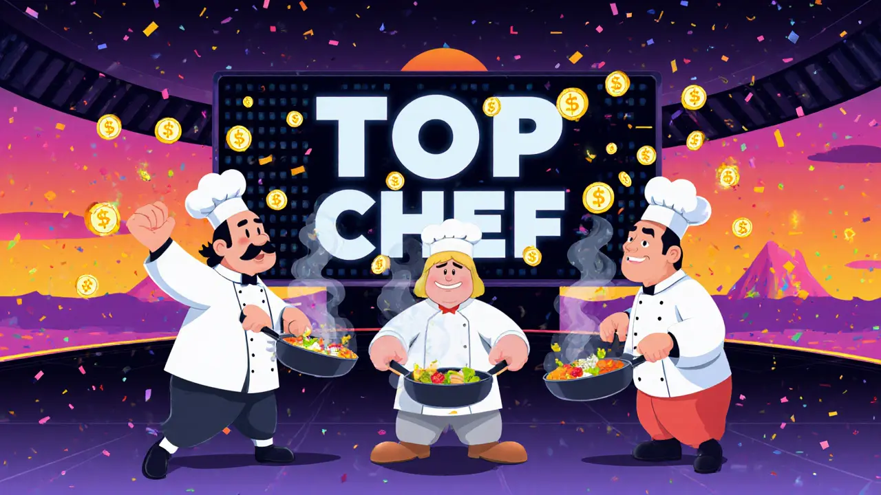 Chefs competing in a neon-lit Food Truck Wars arena, NFT ingredients and tokens swirling around them.