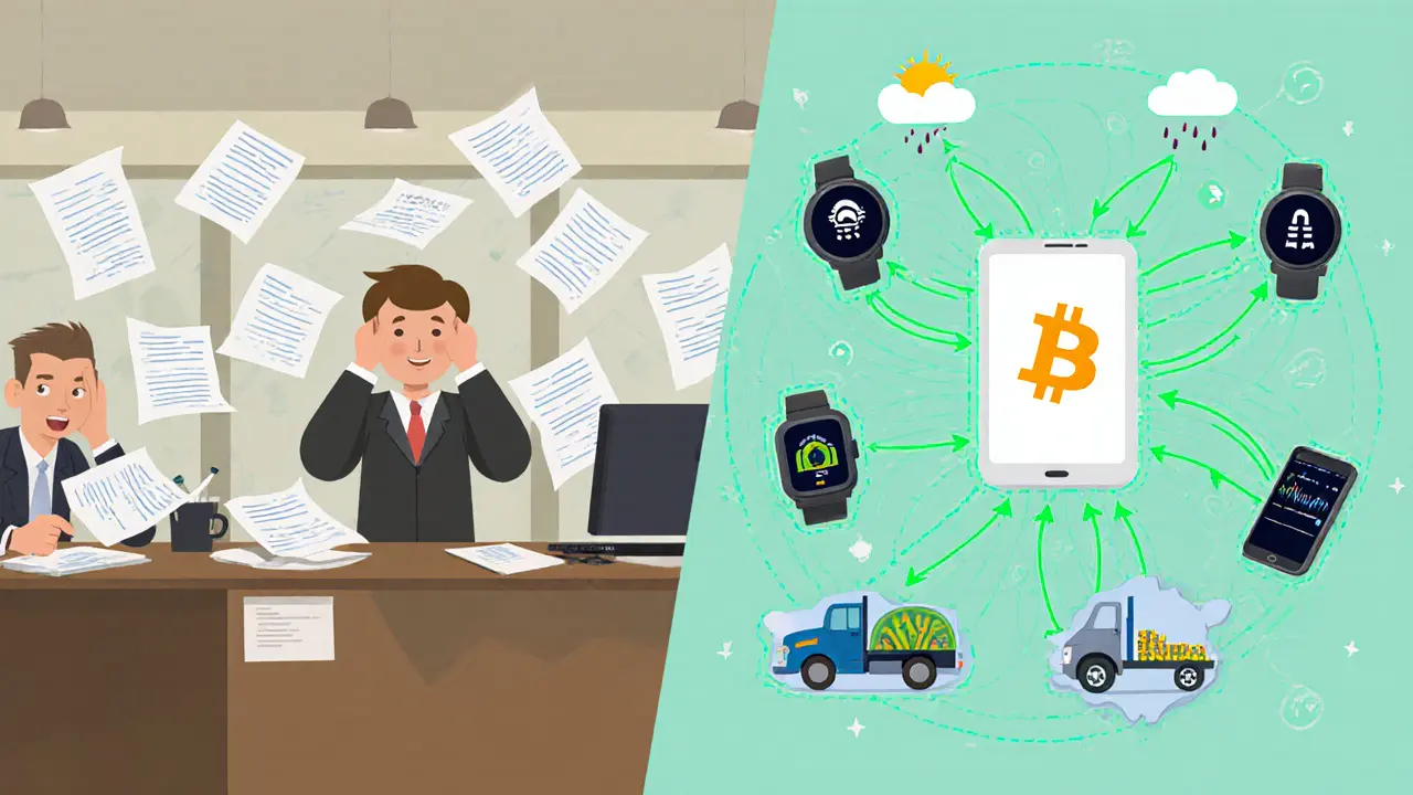 Contrast between messy paper-based insurance office and clean digital blockchain system with IoT devices.