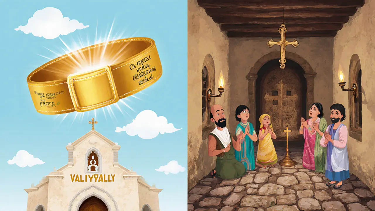 Contrasting the Holy Belt myth in Italy with the real relics of Kothamangalam: stone floors, crosses, and families praying.