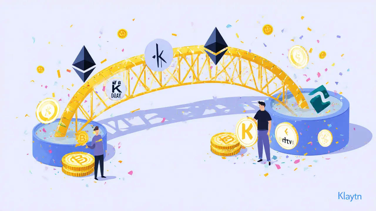 Cross-chain bridge linking Ethereum and Klaytn blockchains, with users depositing tokens and earning KSP rewards.
