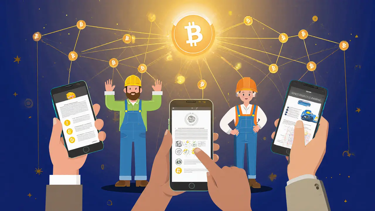 Diverse people with evolving insurance policies linked by blockchain, triggered by real-life activities.