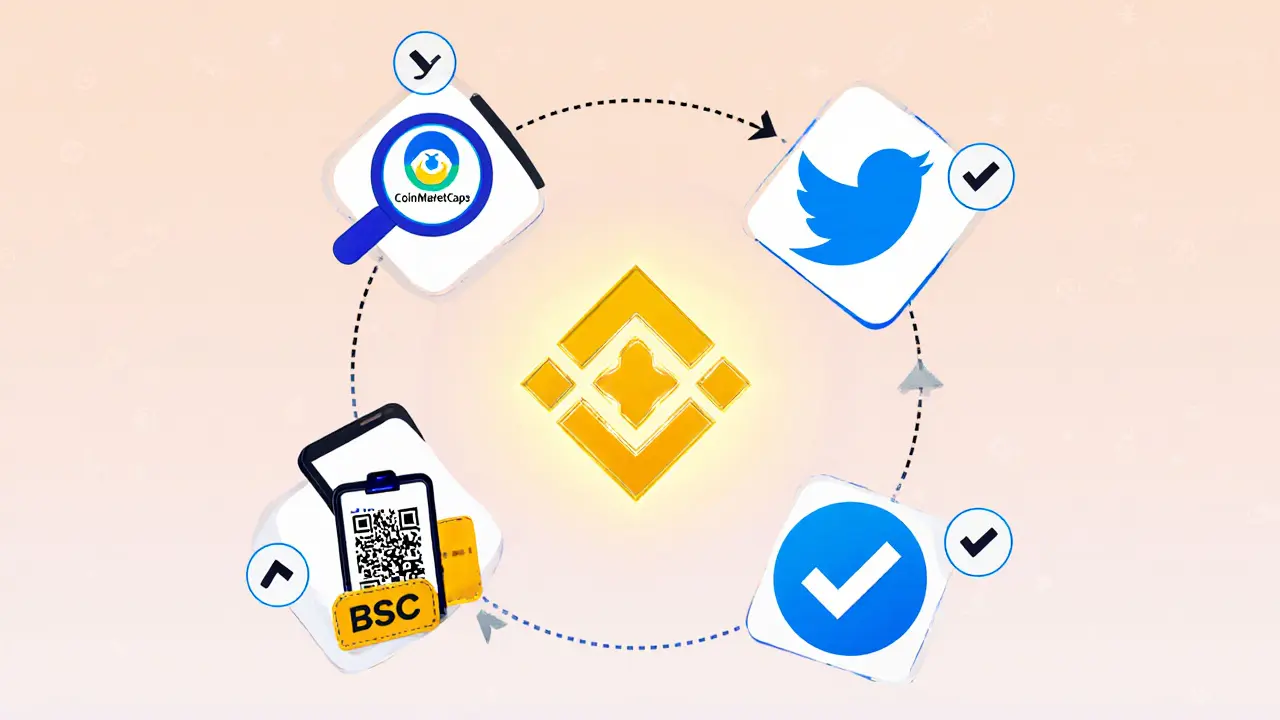 Five simple icons arranged in a circle around a BSC symbol, representing the airdrop steps.