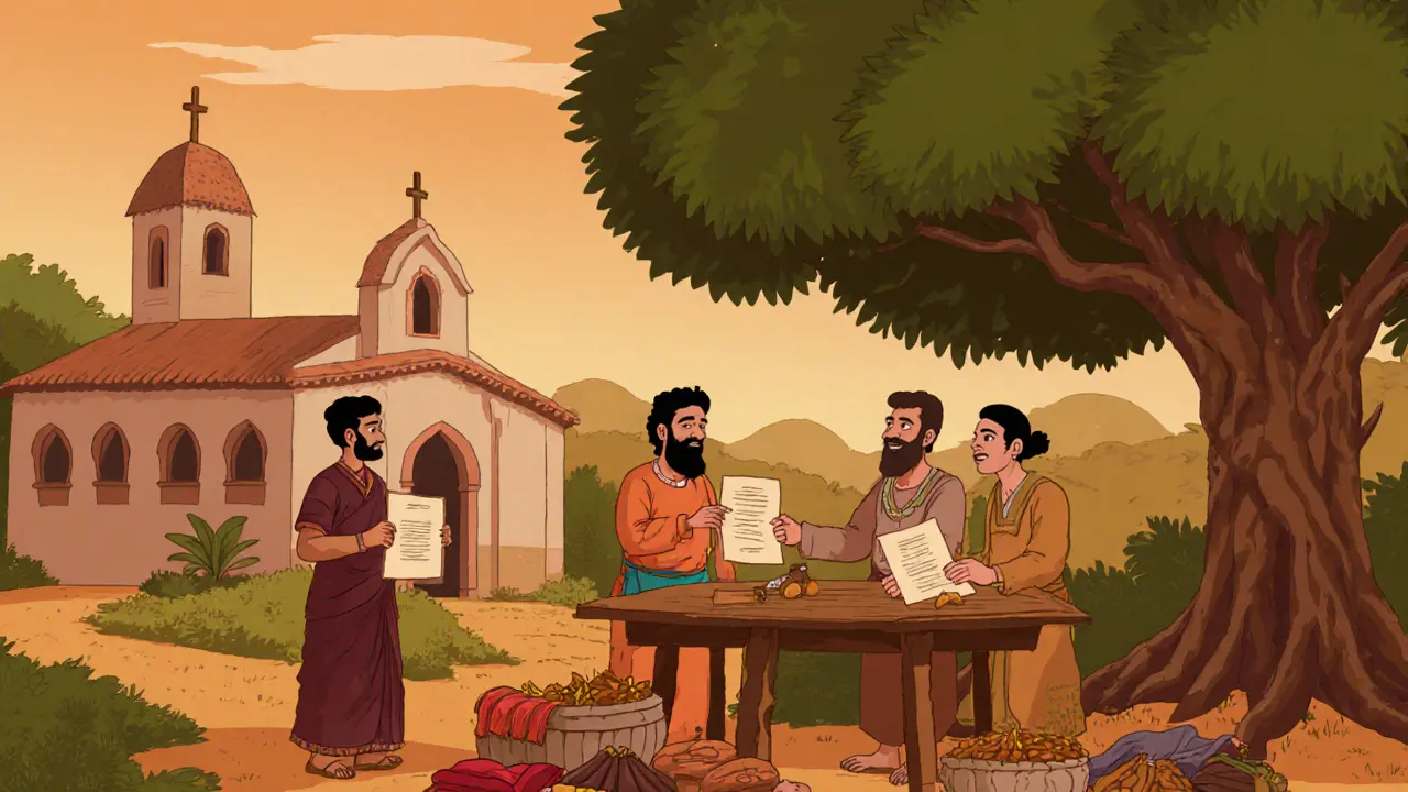 Four Syrian merchants signing a land deed with a local chief, as a church begins to rise behind them.