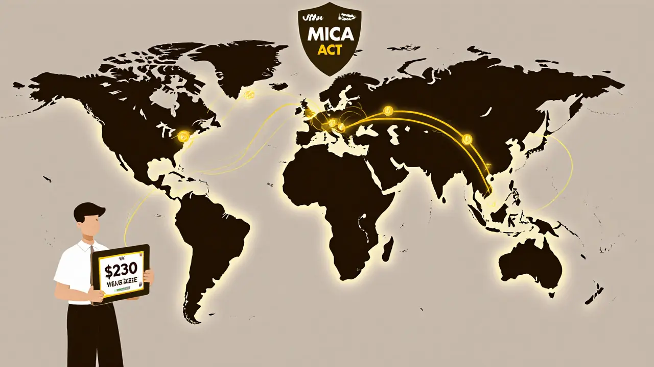 Global map showing stablecoin payment flows, with Latin America and Asia leading adoption, and regulatory labels above.