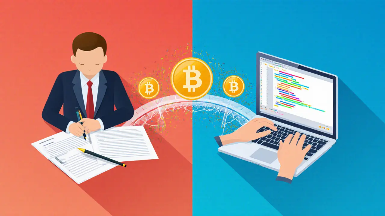 Hybrid scene of lawyer and coder connected by digital tokens in a balanced transaction.