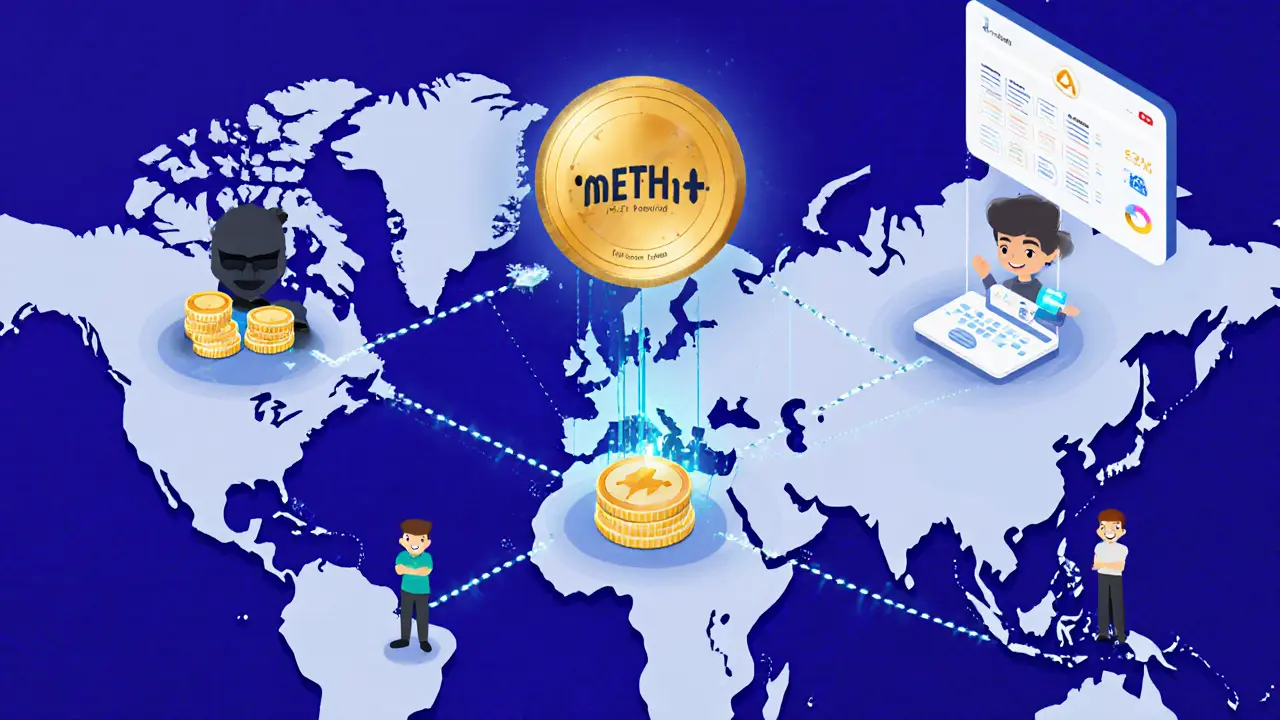 METH tokens flowing through a digital economy connecting gaming, creators, and DeFi platforms.