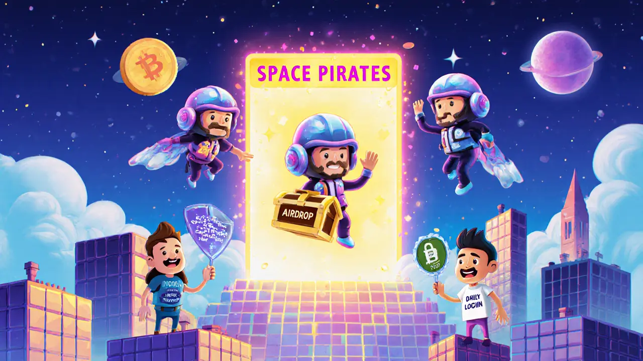 N-Guard characters flying through a portal to Space Pirates game with treasure chest