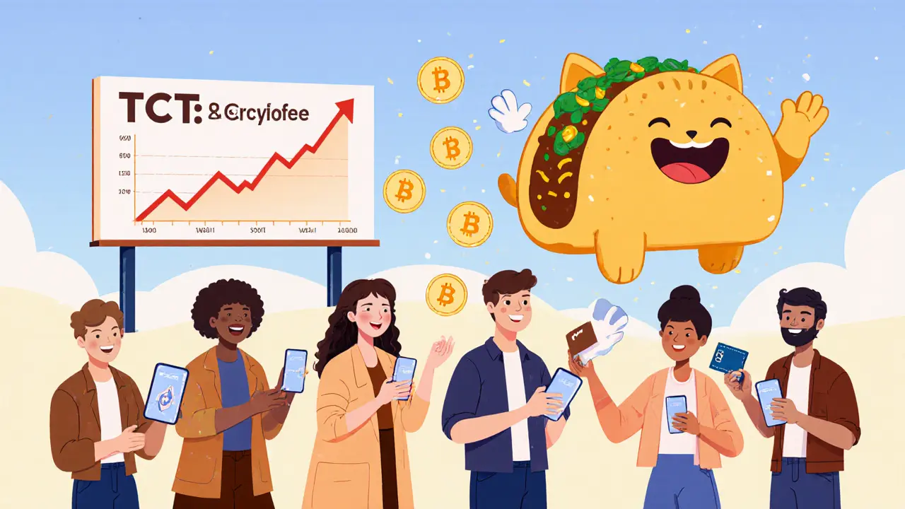 People receiving TCT tokens into their wallets as a taco cat mascot smiles on a billboard.