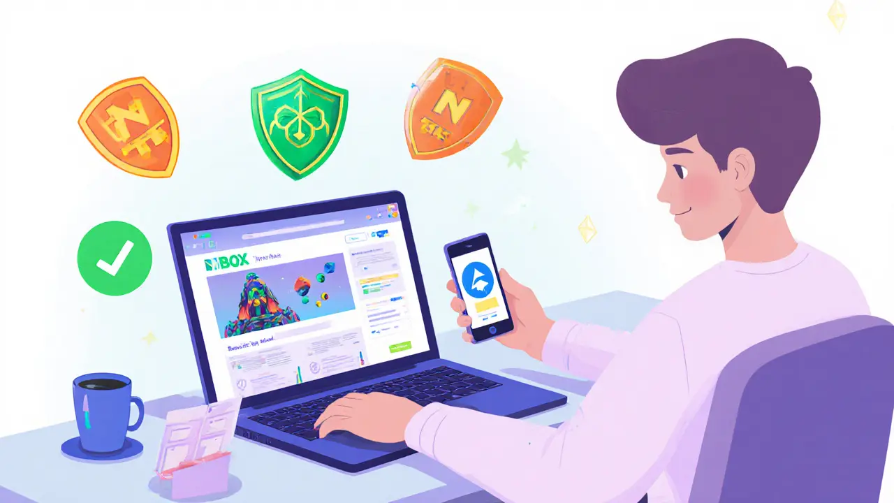 Player engaging with NBOX game on laptop while holding phone and wallet icon nearby