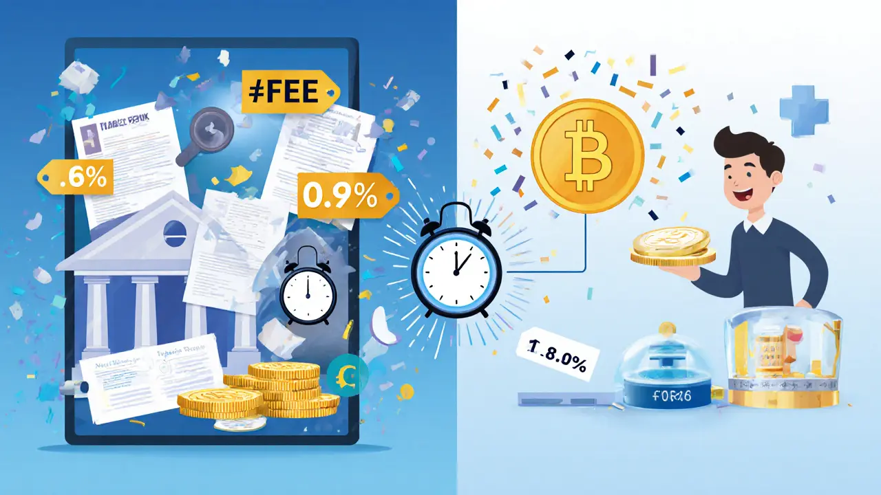 Side-by-side comparison: slow, expensive banking vs fast, cheap stablecoin payments with real-time rates and low fees.