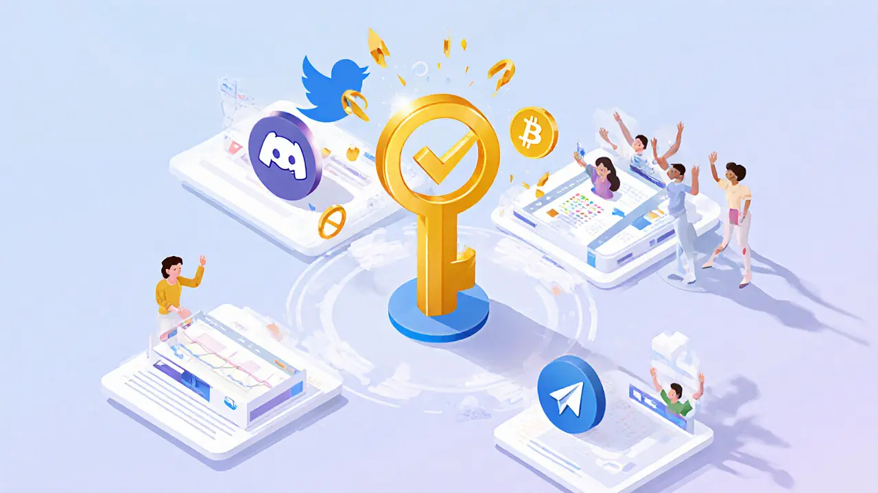 Social media platform icons glowing as tasks are completed, with a golden NFT key emerging from the center.