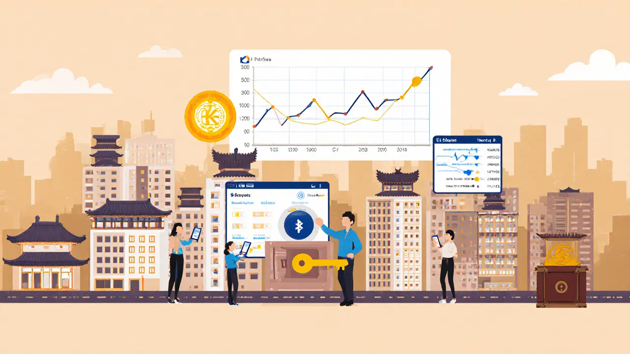 South Korean cityscape with digital KLAYswap interfaces and avatars trading tokens, one holding a KSP governance key.