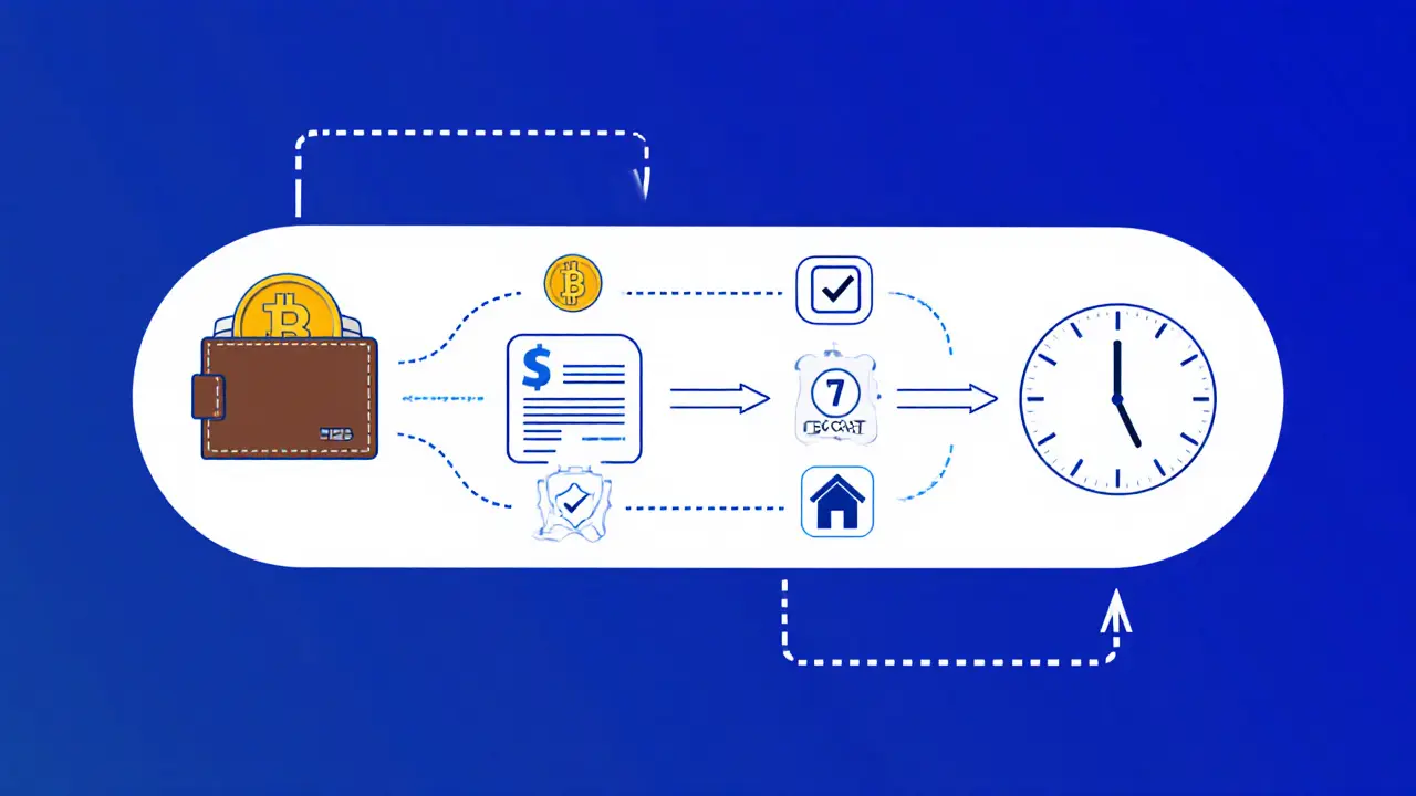 Step-by-step flow showing digital payment triggering property transfer with reduced time clock.