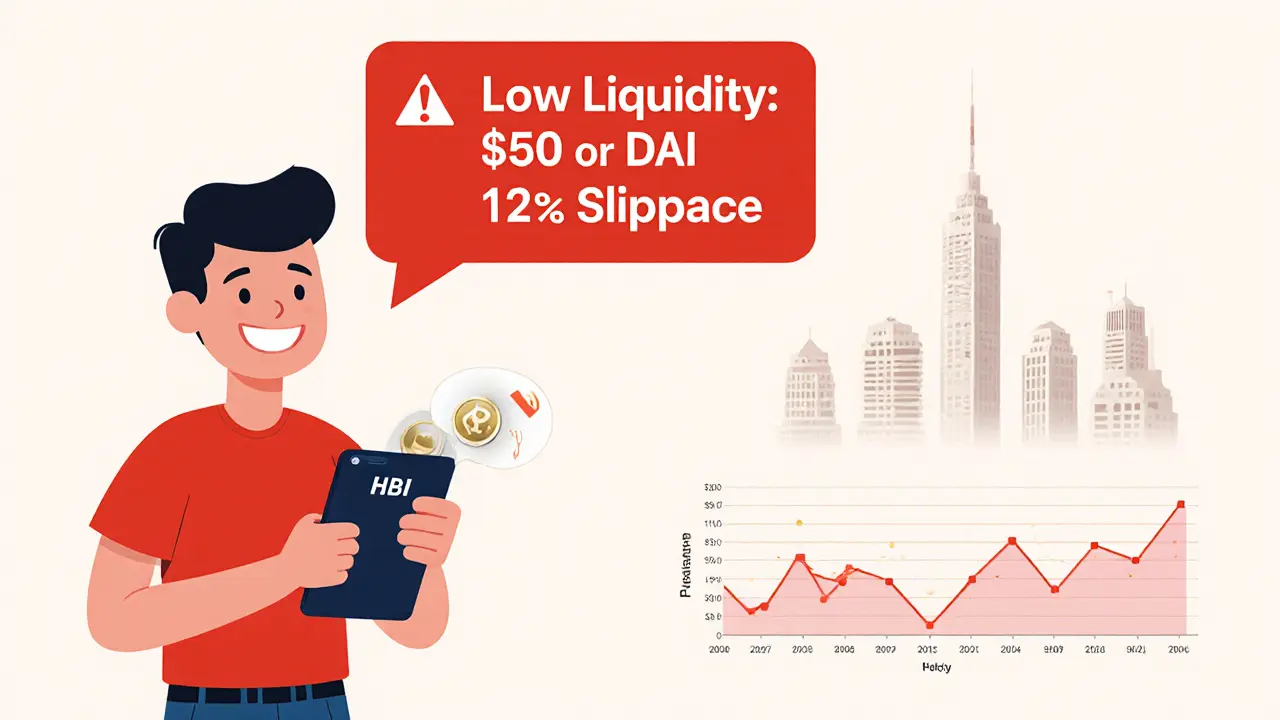 User happily swapping small crypto amount, but a large red slippage warning looms above them with tiny volume graphs.