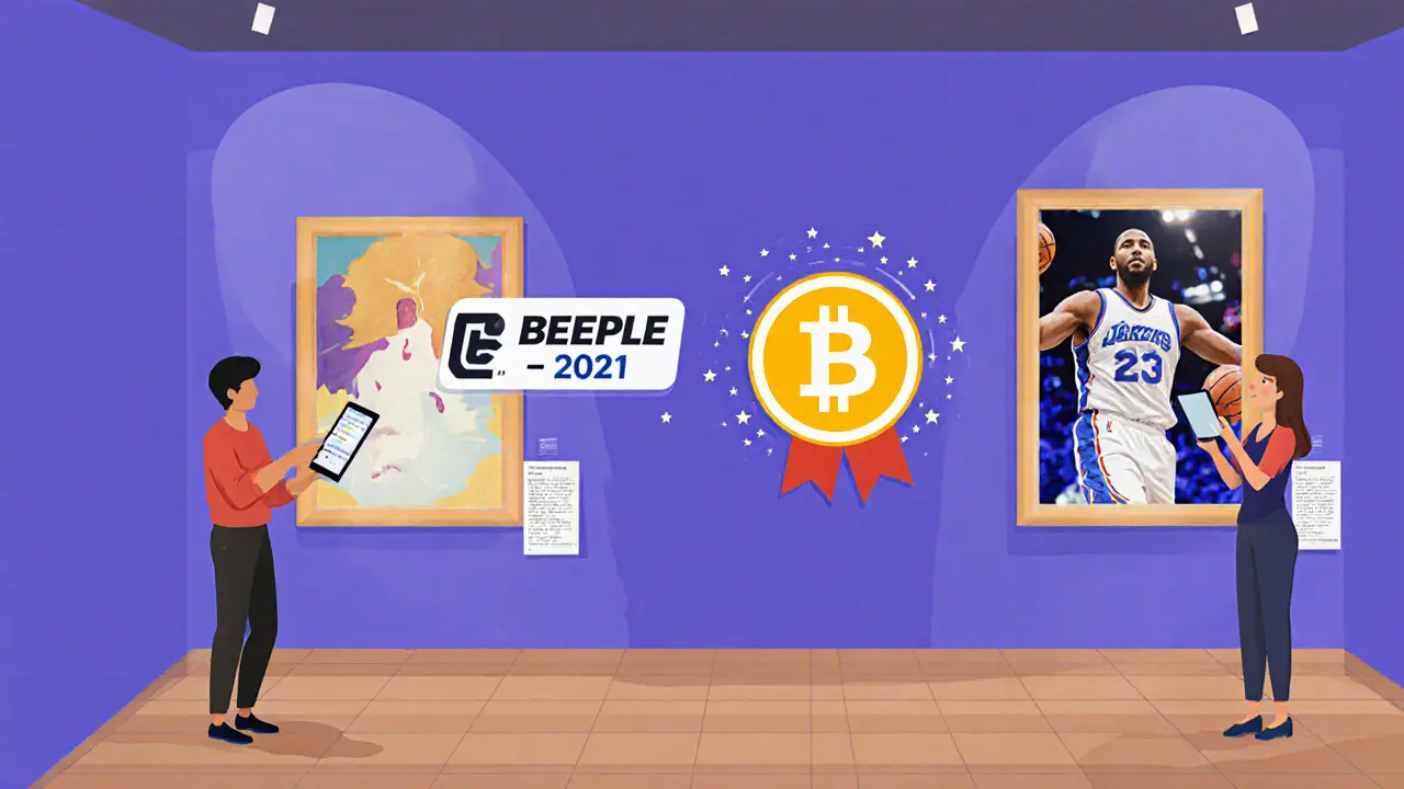 Visitors in a museum viewing digital art with glowing NFT tokens and transaction histories floating beside each piece.