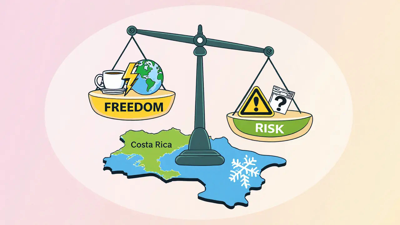 A balance scale contrasts crypto freedom and risk over a map of Central America in flat illustration style.