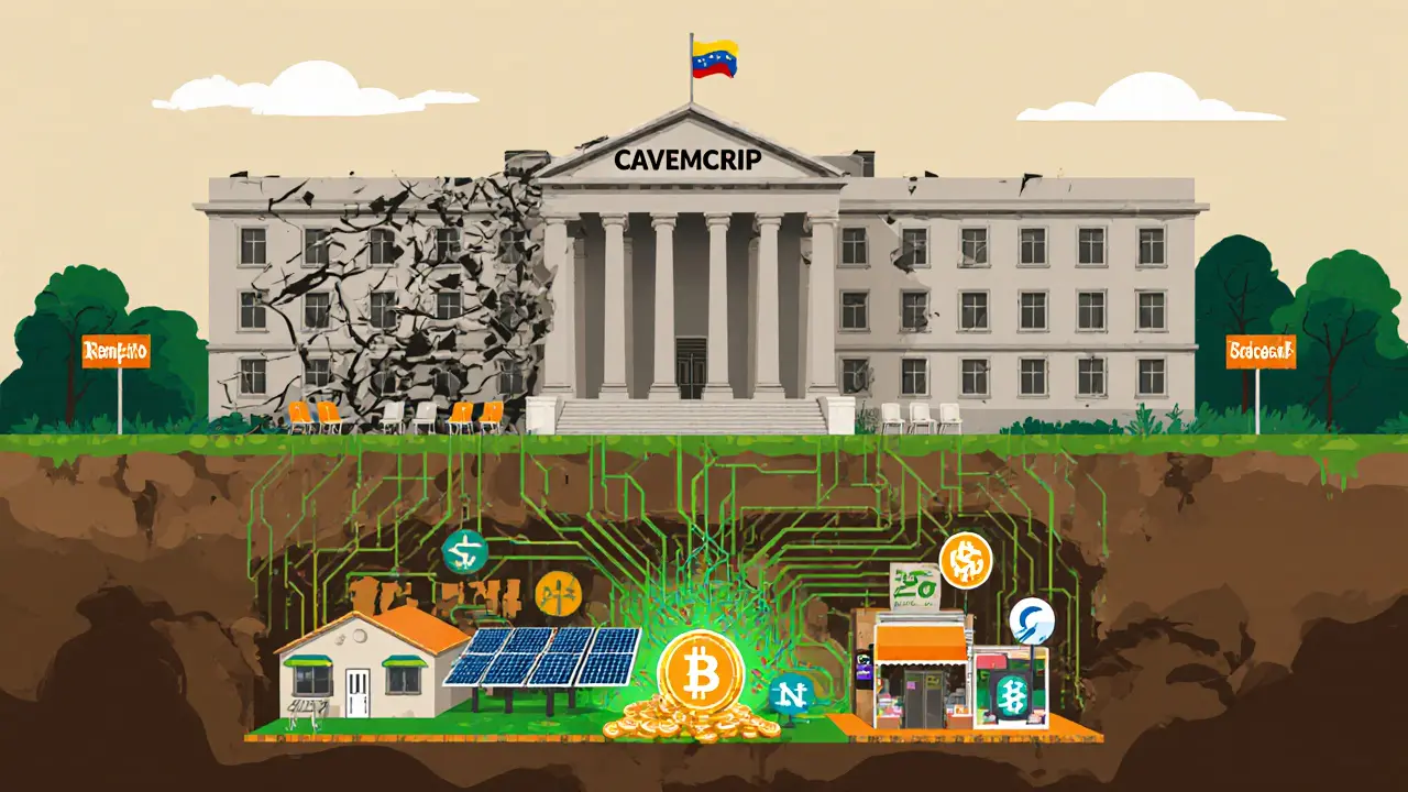 A broken government agency above, thriving underground crypto network below, powering daily life in Venezuela.