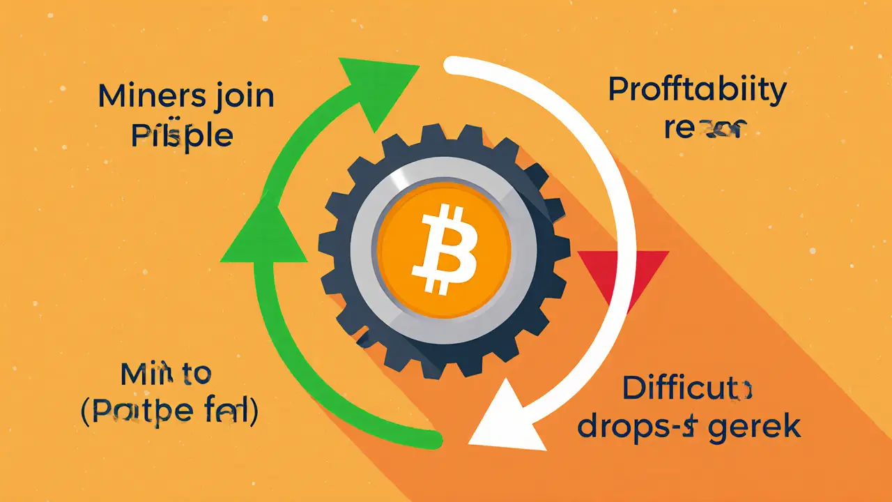 A circular feedback loop showing miners joining and leaving as difficulty rises and falls around a pulsing Bitcoin logo.