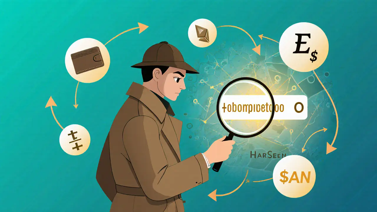 A detective examining a blockchain wallet address with tools like Nansen and Whale Alert floating nearby.