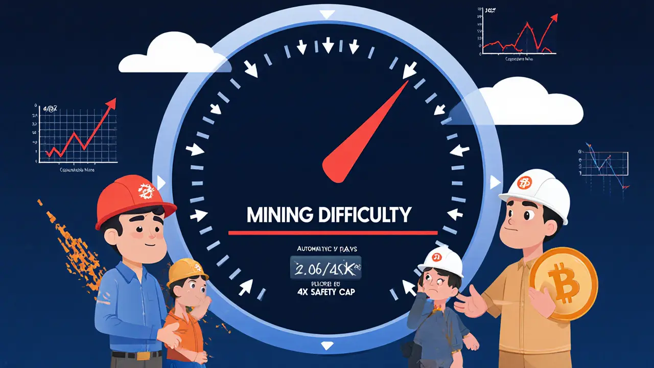 A giant difficulty dial adjusting automatically with a 4x safety cap, surrounded by miners and hash rate graphs.