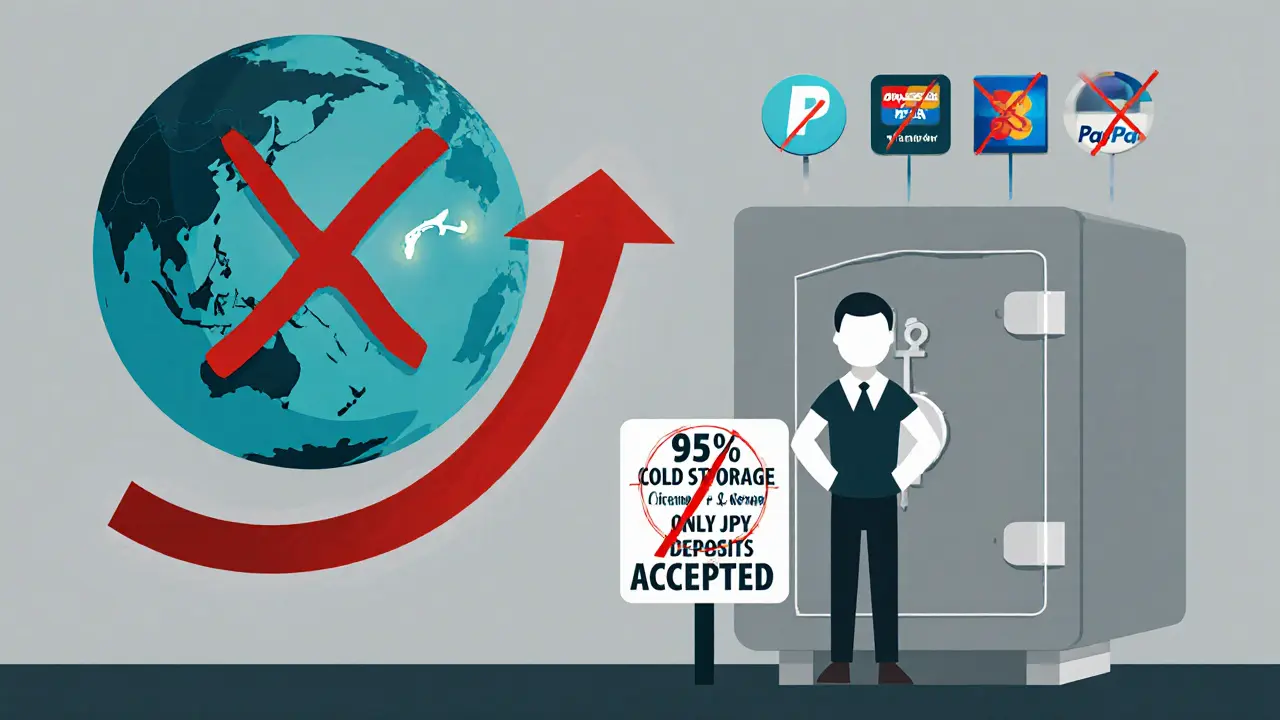 A globe showing GMO Coin only accessible in Japan, with international payment methods blocked.