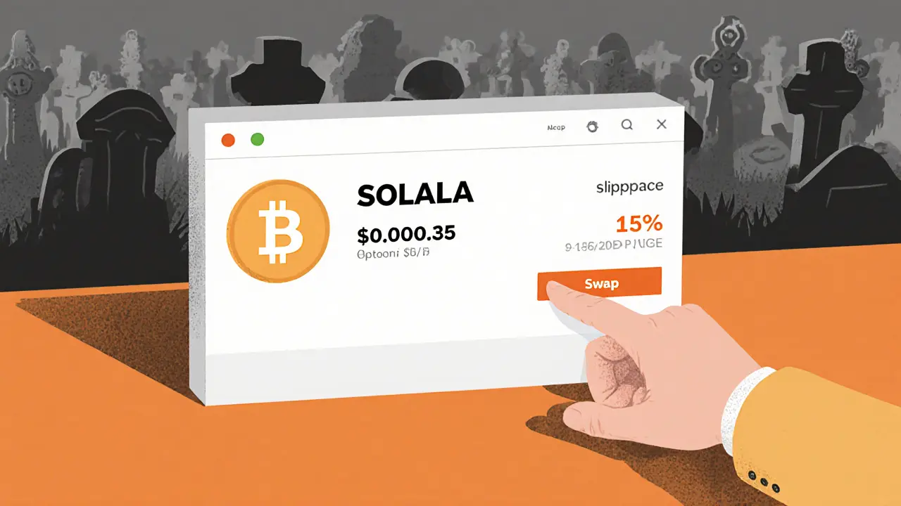A lone trader hovers over a low-liquidity SOLALA swap with a 15% slippage warning on a minimalist DEX screen.