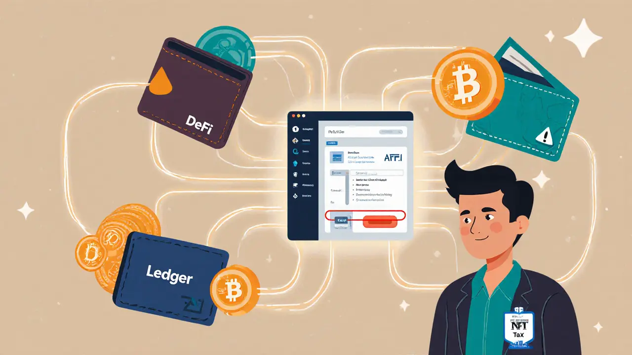 A person surrounded by disconnected crypto wallets being connected by a friendly robot to a tax software interface.