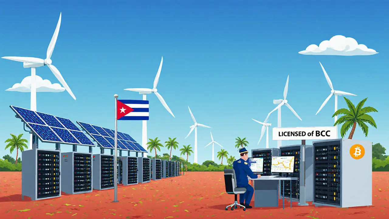 A solar-powered crypto mining farm in Cuba, regulated by the government with renewable energy.