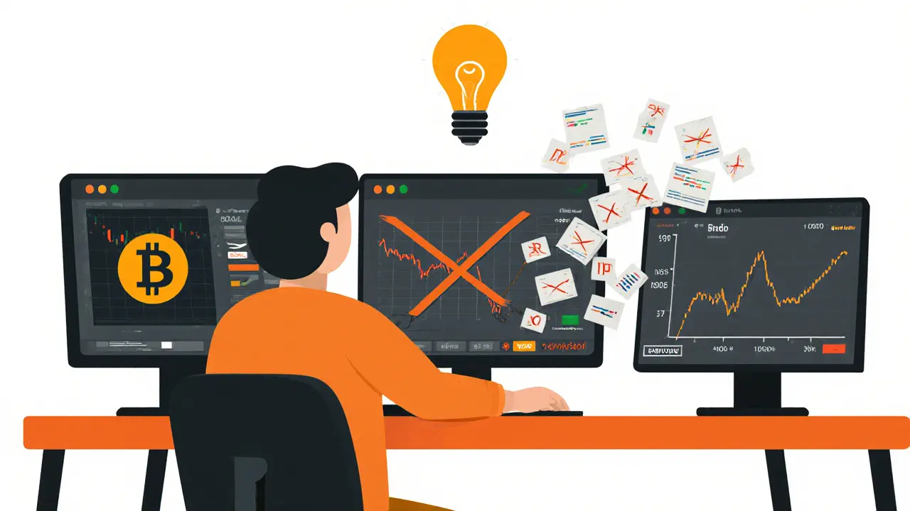 A trader at a desk with three screens showing whale accumulation, noisy alerts, and a confirming RSI indicator.