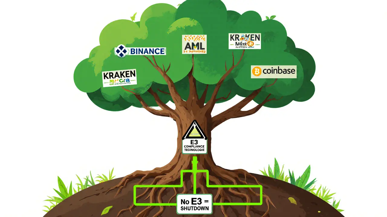 A tree representing crypto exchanges whose roots connect to a compliance hub that supplies regulatory support for growth.