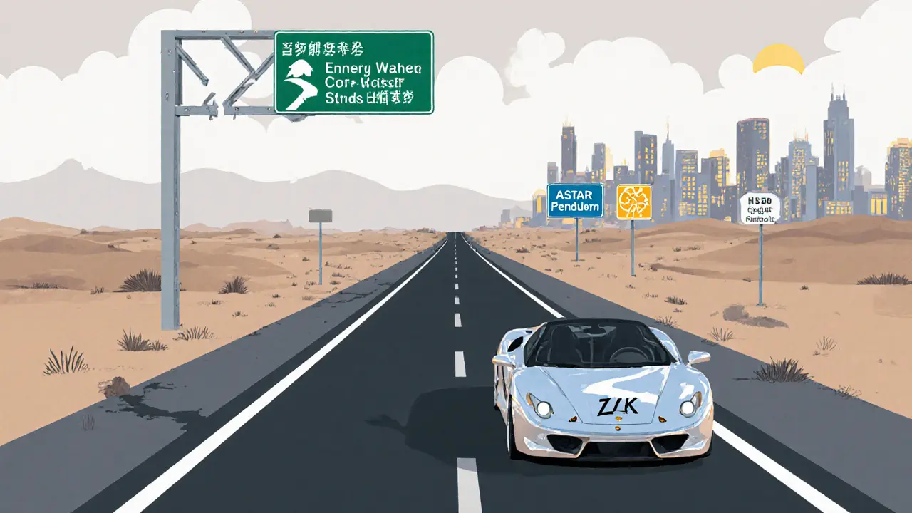 Abandoned highway for cross-chain swaps with a broken car and empty gas tank, while a vibrant city shines in the distance.